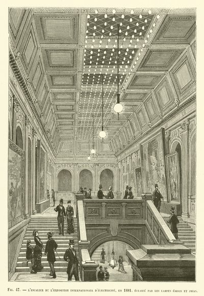 De trap van de Internationale Elektriciteitstentoonstelling in 1881, verlicht door Edison- en Swan-lampen door French School